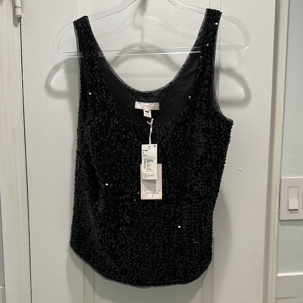 Black Sequin Sleeveless Fitted Tank Top